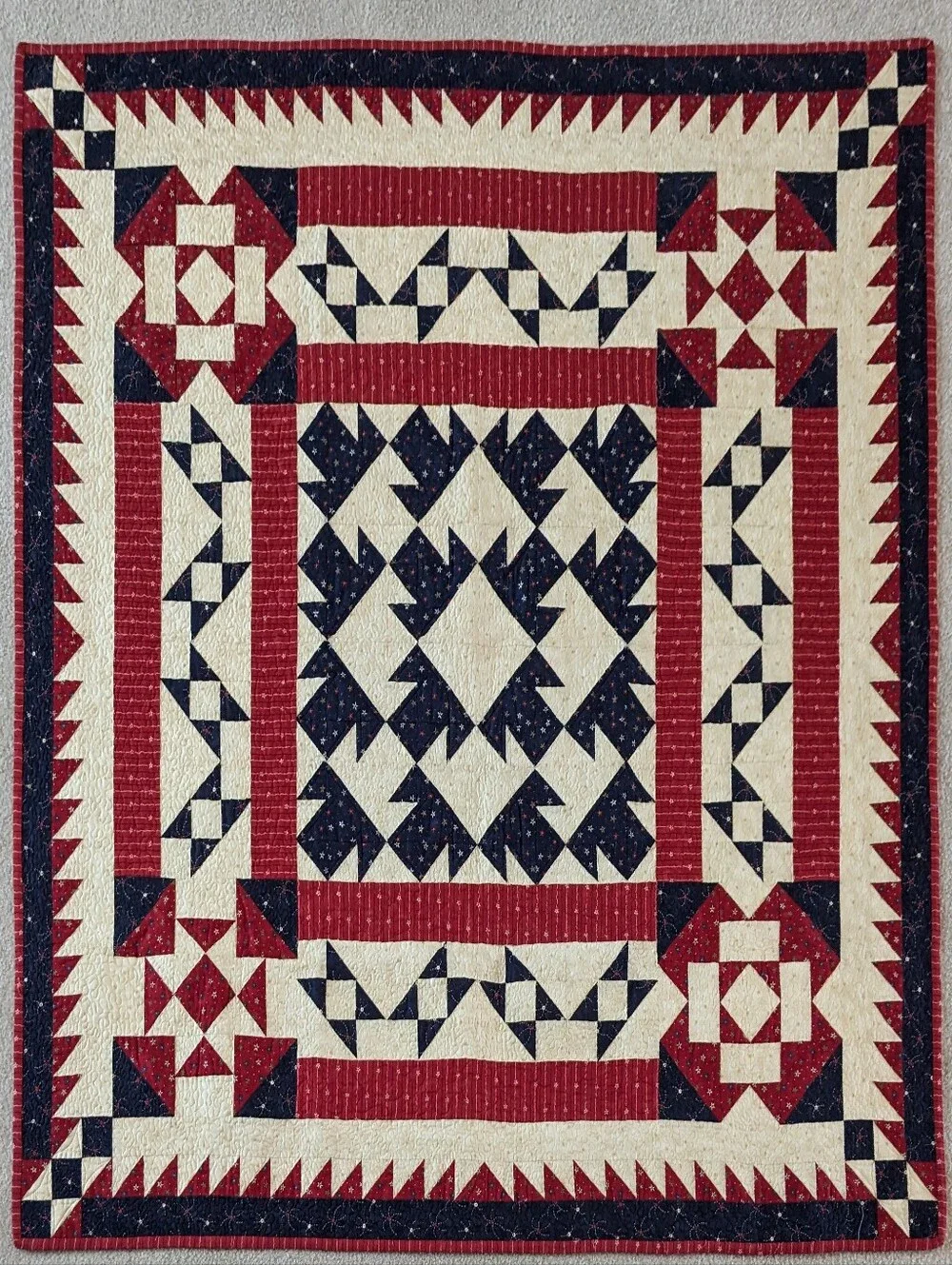Patriotic Themed Quilt, Reds, Blues And Off-white Fabrics. Quilted And Signed